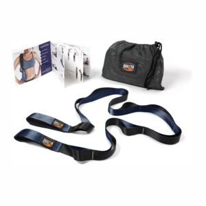 Dark blue and black exercise resistance bands scattered on a white surface with a mesh travel bag and a fitness brochure nearby, labeled BRAZIN.